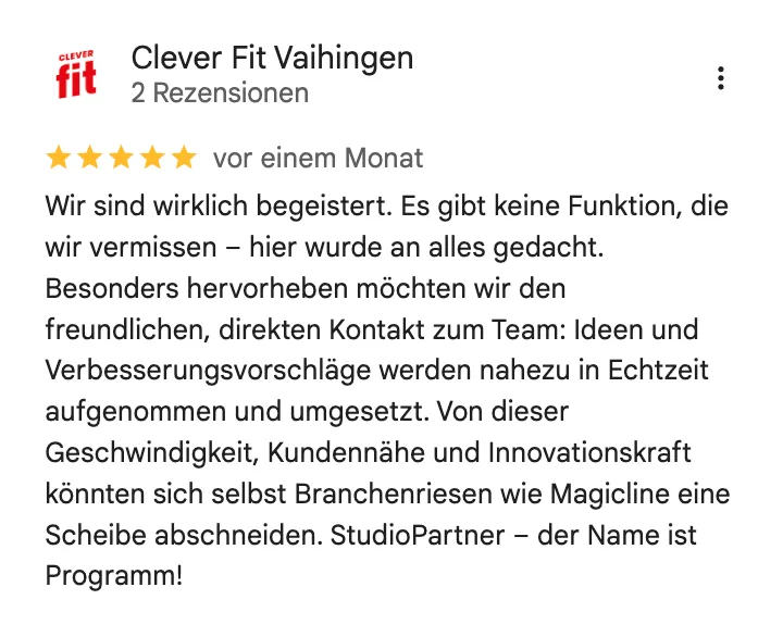 Google-Rezension von Clever Fit Vaihingen, fünf Sterne