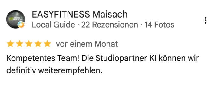 Google-Rezension von EASYFITNESS Maisach, fünf Sterne